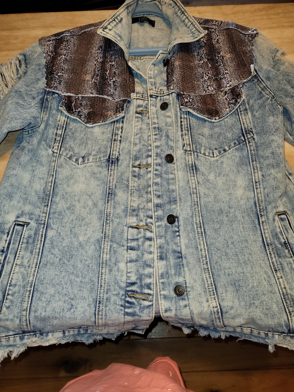 L&B Light Blue Denim Jacket with Metallic Brown Snake-Print Yoke